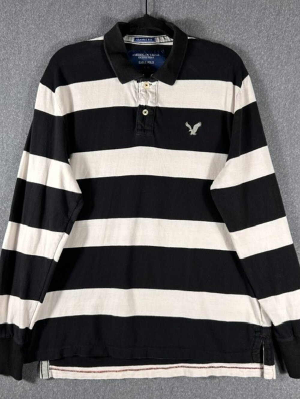 American Eagle Rugby Polo Mens Sz Lg Black White Stripe Long Sleeve Classic Fit